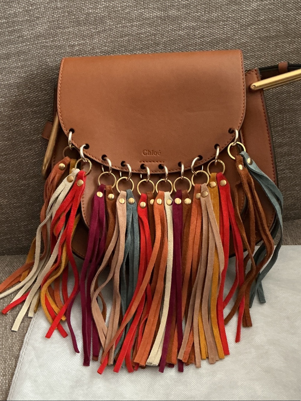 Chloe Tan Leather Crossbody Bag with Multicolor Suede Fringe - Picture 2 of 9